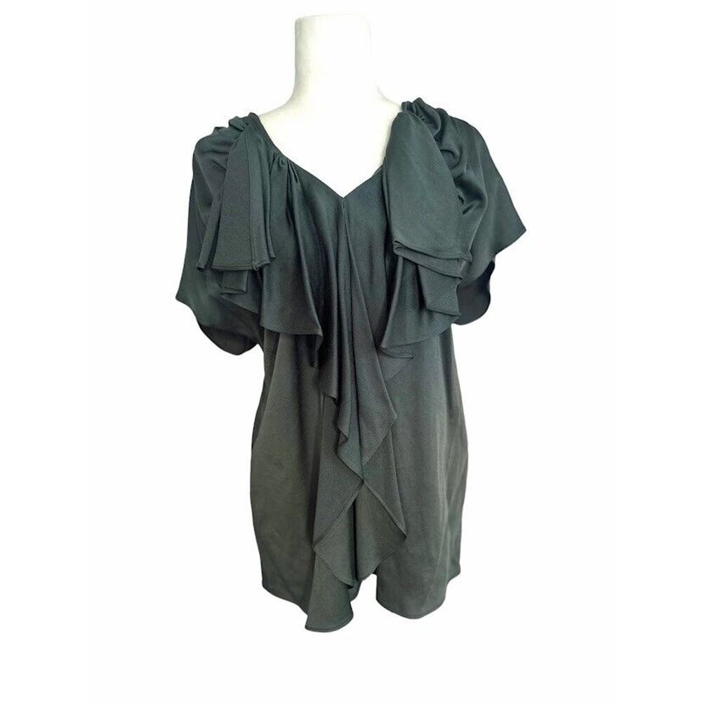 BCBGMaxazria Blouse Womens Small Dark Grey Ruffle Top Runway Short Sleeve Dressy